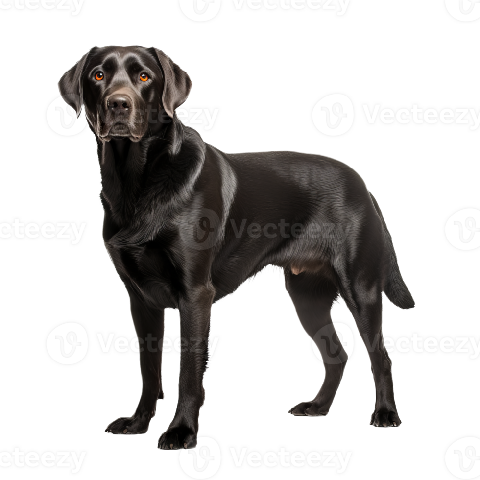 A full-bodied Labrador Retriever stands, its friendly demeanor captured in clear detail against a seamless transparent backdrop, ready for use in various designs. png