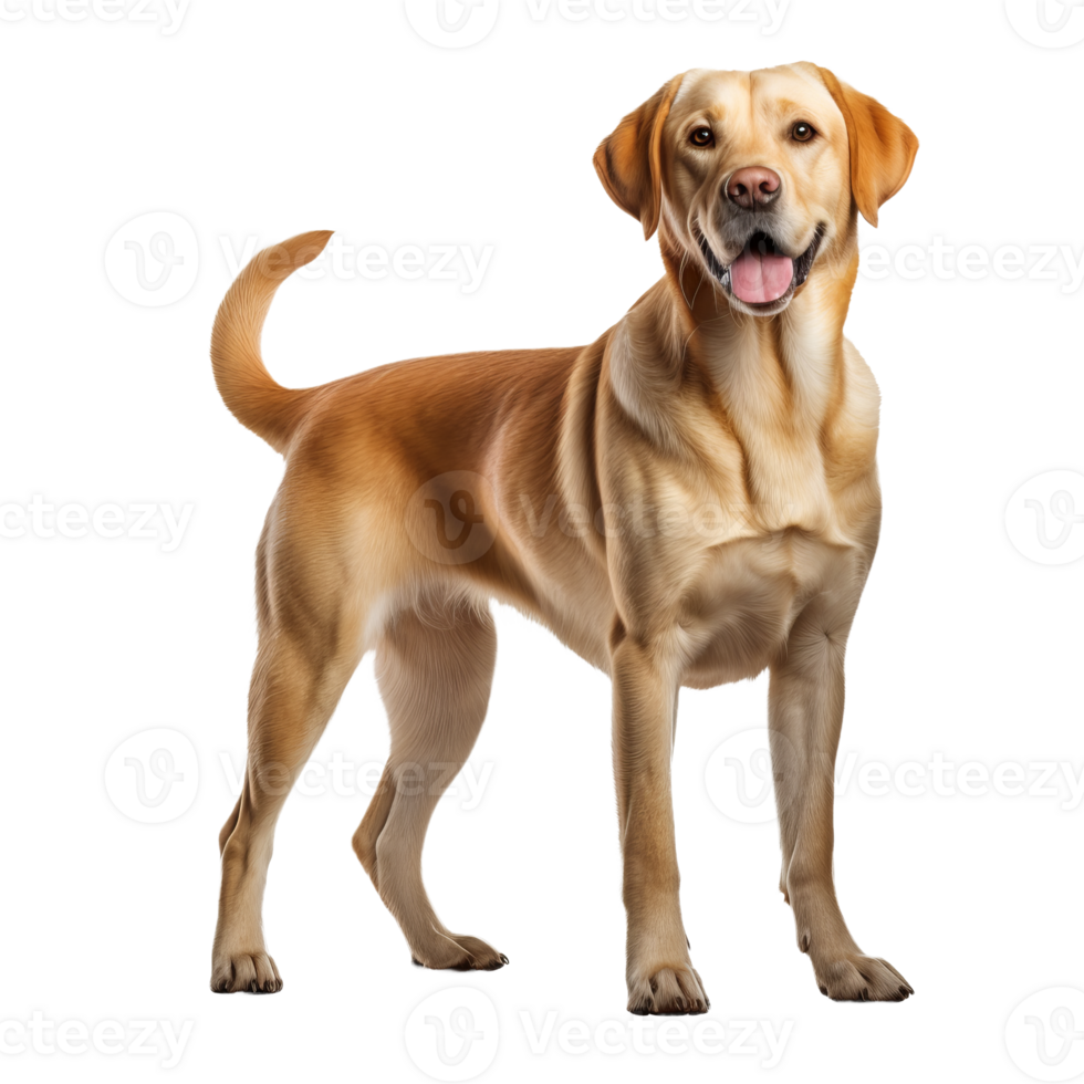 A full-bodied Labrador Retriever dog stands alert, rendered against a transparent background, showcasing its athletic build. png