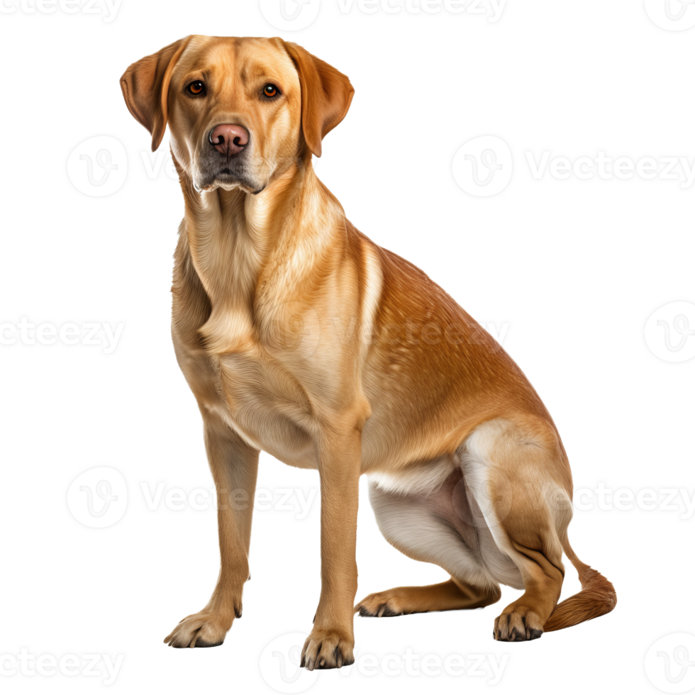 A full-body image of a Labrador Retriever dog standing alert with a friendly demeanor, displayed on a clear transparent background. png