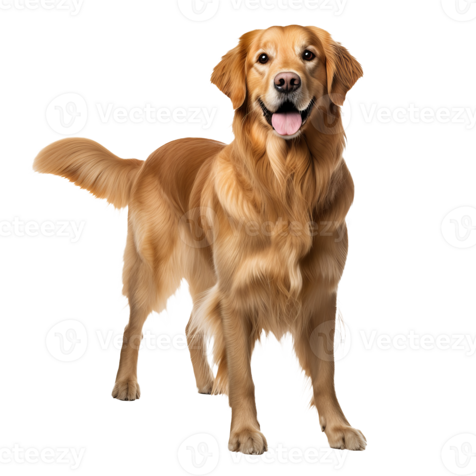 Golden retriever in full view stands alert on a transparent backdrop, showcasing its lush coat and friendly demeanor. png