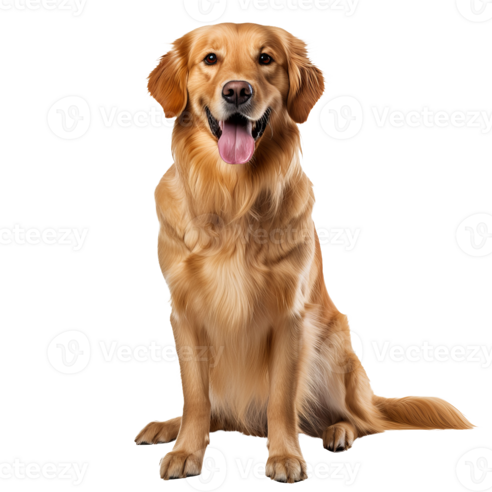 Golden retriever standing, full canine body displayed against a transparent backdrop, exuding friendliness. png