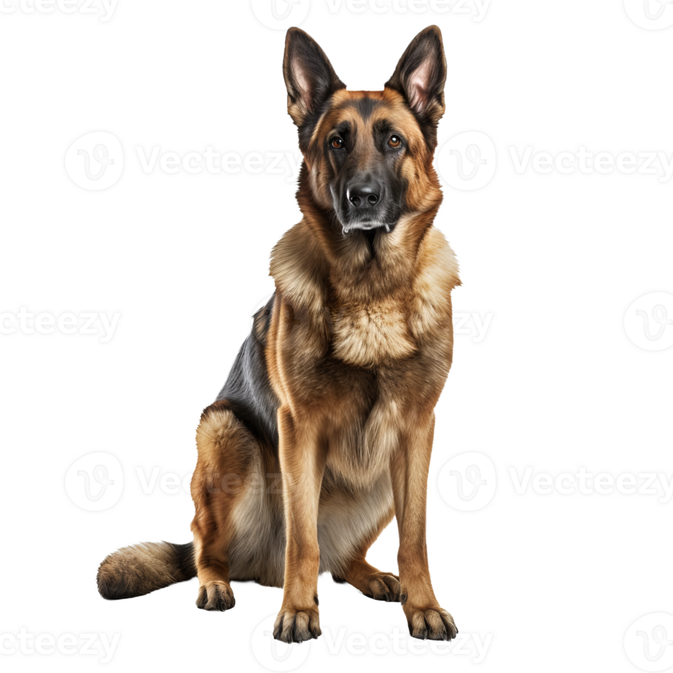 A German Shepherd stands alert with a composed stance, showcasing its full body against a clear, transparent backdrop. png