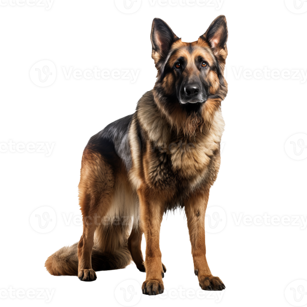 German shepherd, full-bodied pose, clear-cut on transparent background, showcasing its muscular build and attentive stance. png