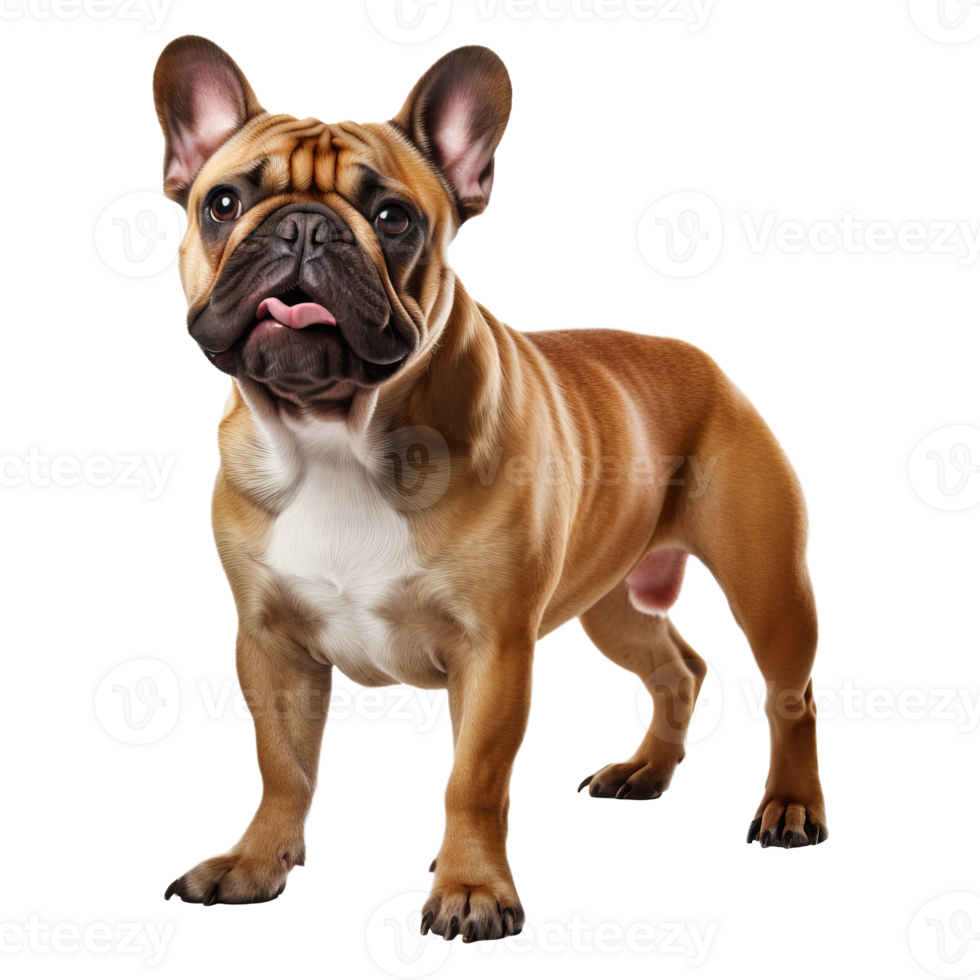 French bulldog fully displayed, standing erect with a smooth coat, ears perked, showcasing its stout body, on a clear background. png
