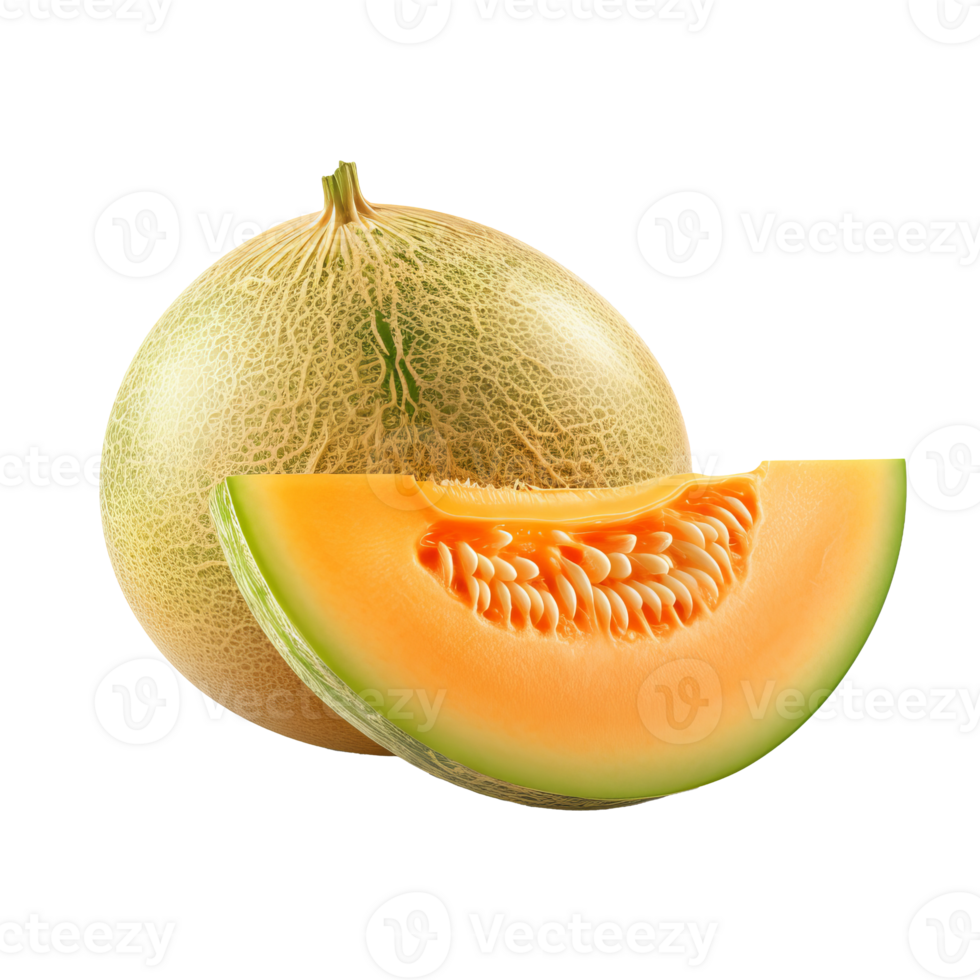 A full-bodied cantaloupe fruit with a textured rind and juicy orange flesh rendered against a clear transparent background. png