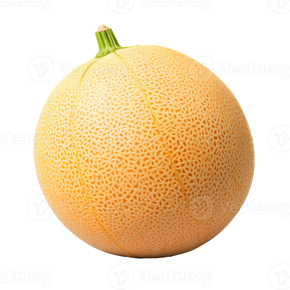 Ripe cantaloupe fruit displayed in full body, vividly colored, on a clear, transparent background for a fresh look. png