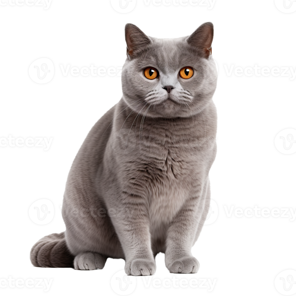 Full-bodied British Shorthair cat with a dense coat, posing on a clear, transparent background, showcasing its plush fur and stout build. png