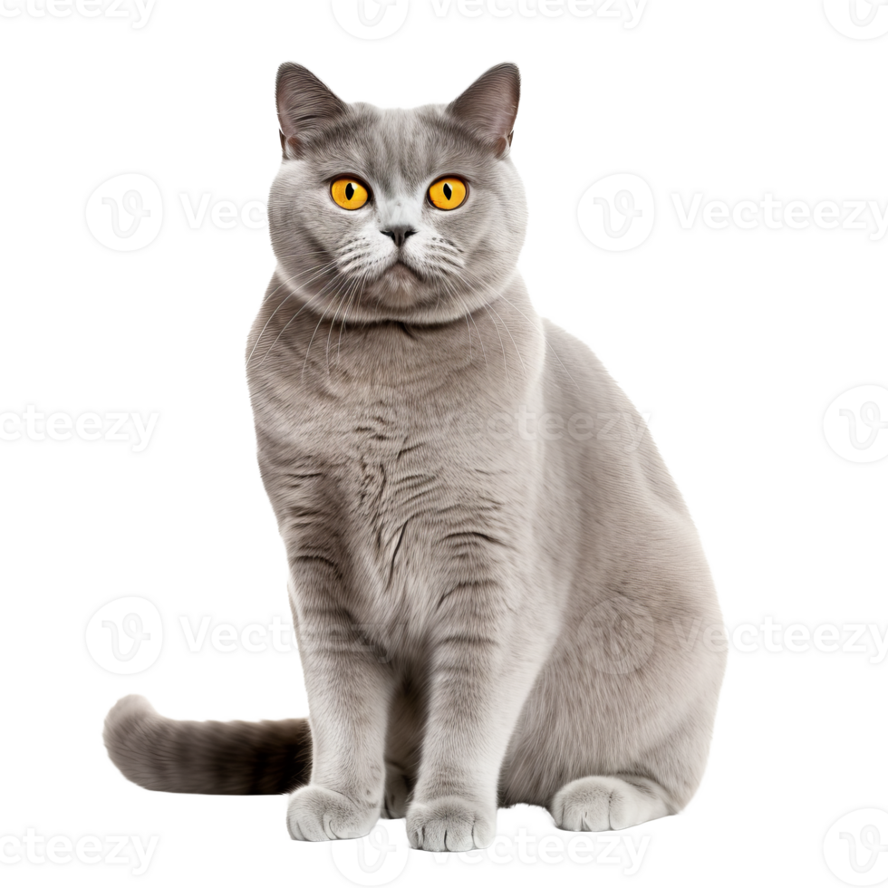 British Shorthair cat, full-bodied and plush, stands alert on a clear, transparent background, showcasing its dense, blue-gray coat. png