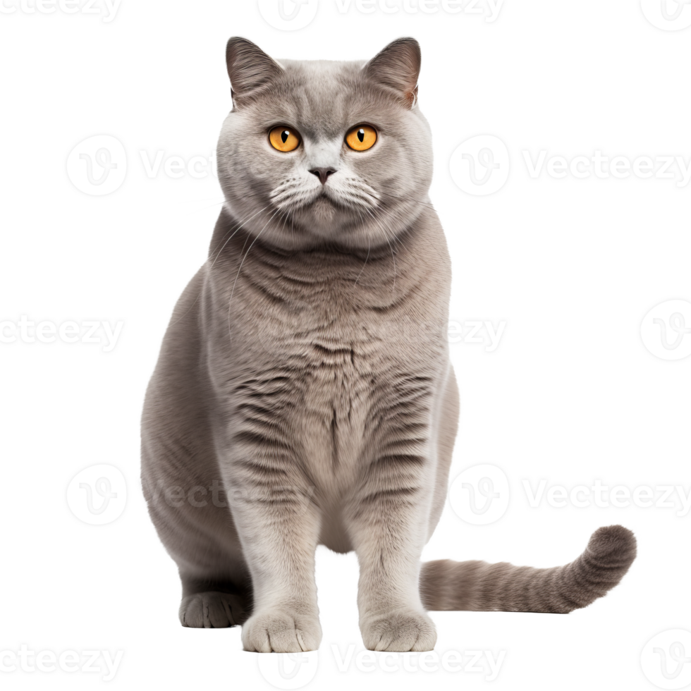 British shorthair cat displayed in full body, standing poised with dense coat, on transparent background for clean integration. png