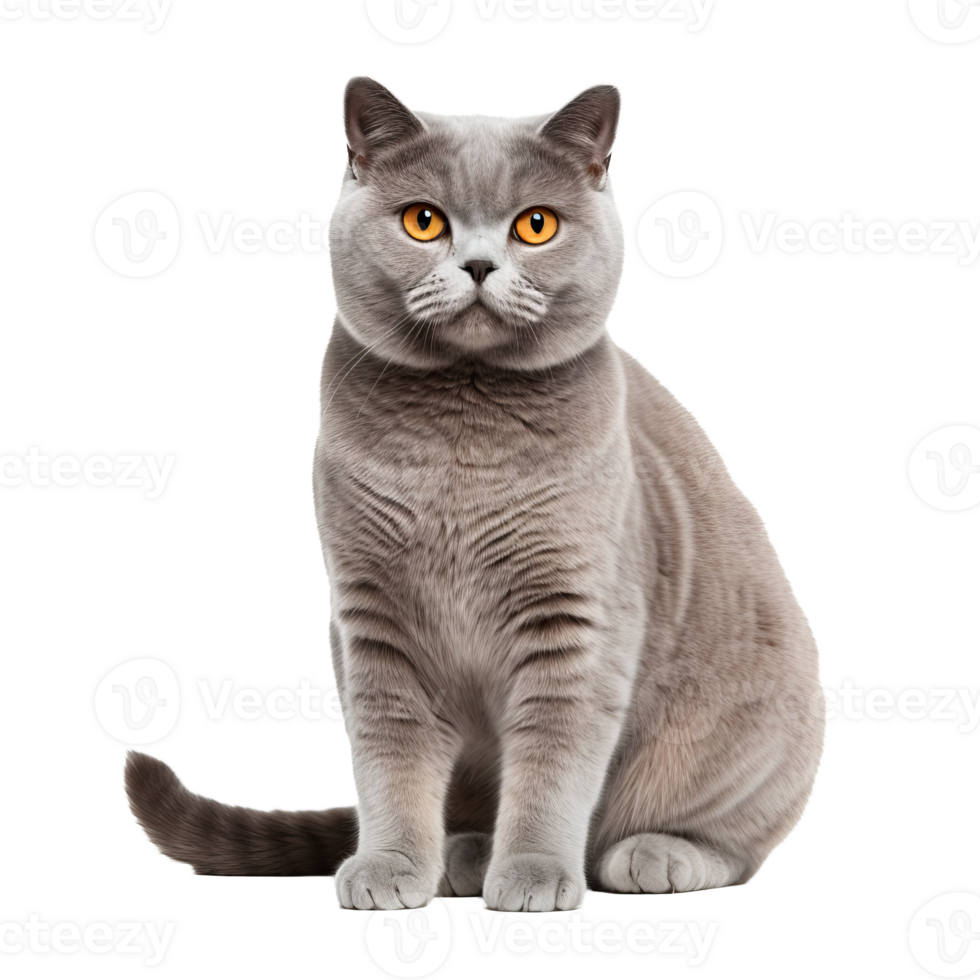 British Shorthair cat, with a dense coat, sits on a transparent background, displaying a full body side profile. png