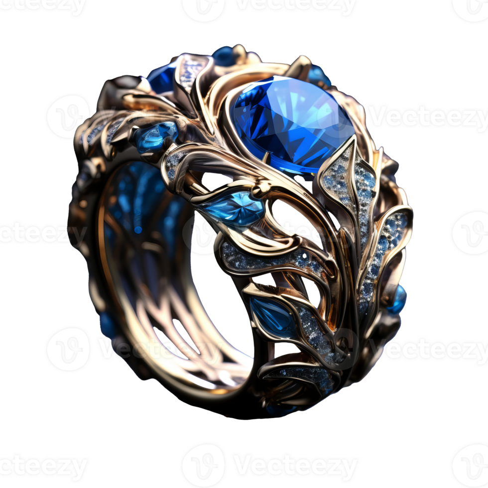 Styled with intricate detail, a captivating blue fantasy ring emanates elegance, its ornate design shining over a clear backdrop. png