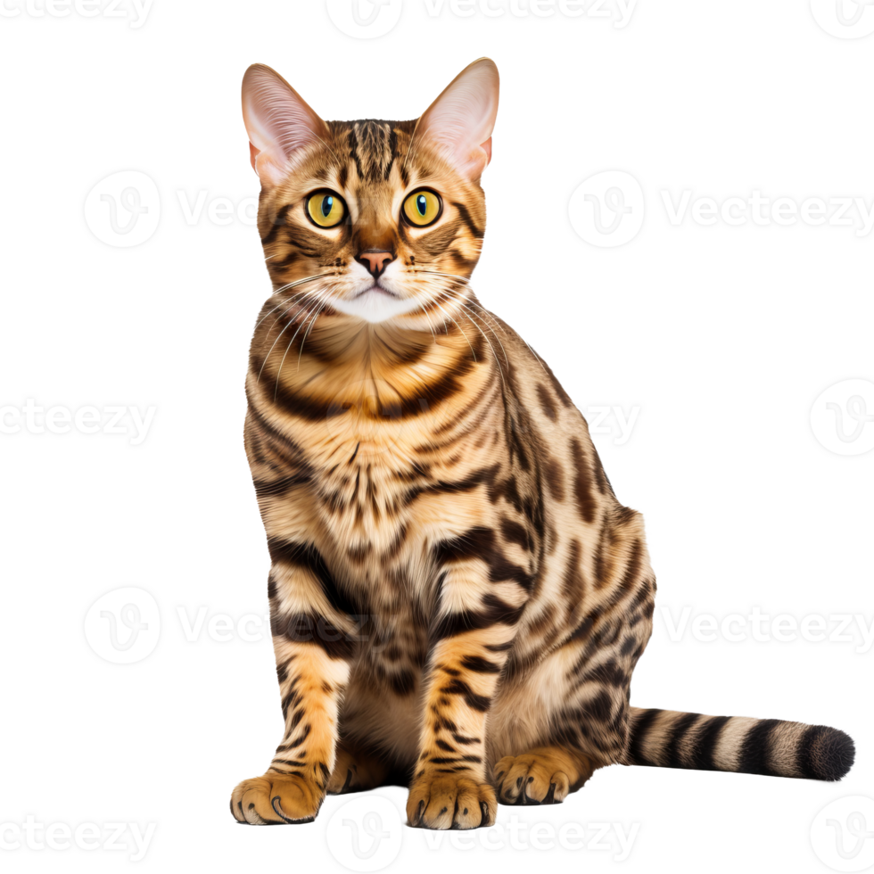 A full-body Bengal cat, with its distinctive spotted coat, elegantly stands on a transparent background, showcasing its striking patterns and lithe form. png
