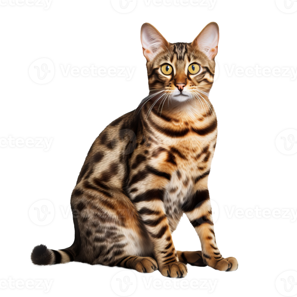 A full-bodied Bengal cat, with distinctive marbled coat, stands alert on a clear, transparent background, showcasing its wild appearance. png