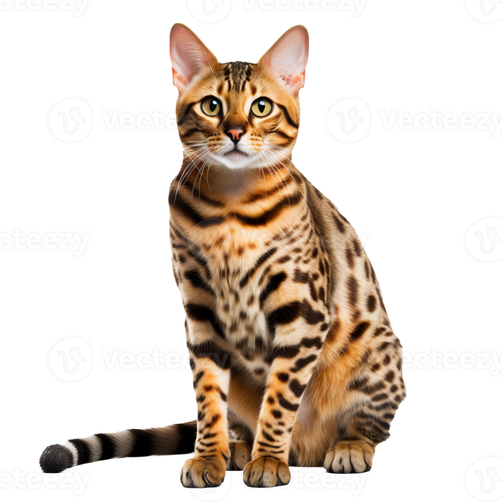 A sleek Bengal cat with distinctive rosette markings stands gracefully, tail up, eyes alert, on a clear transparent backdrop. png