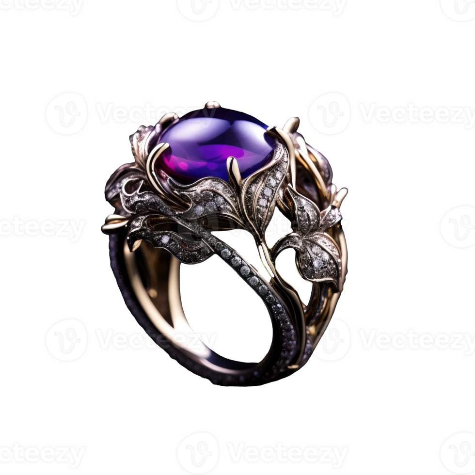 Violet fantasy ring adorned with intricate details, radiates beauty on a transparent backdrop. png