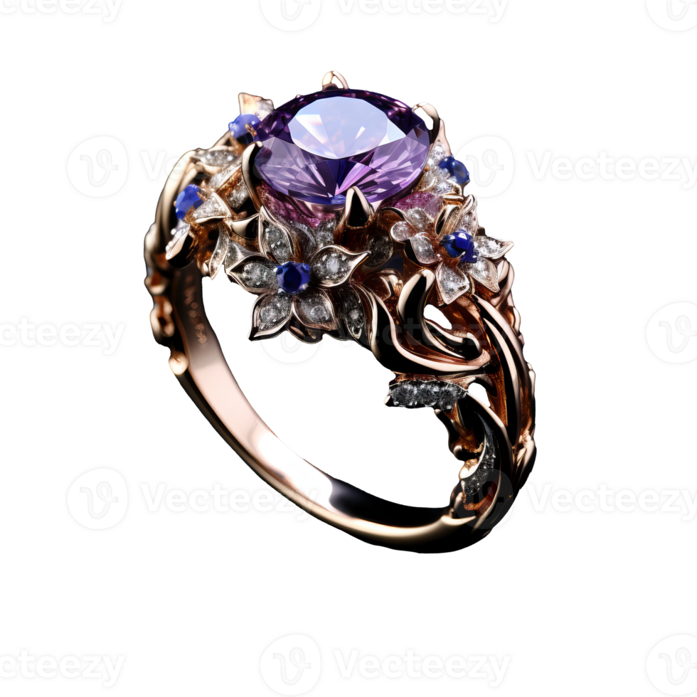 A beautiful violet fantasy ring, decorated with intricate designs, is showcased on a transparent background, highlighting its elegance. png