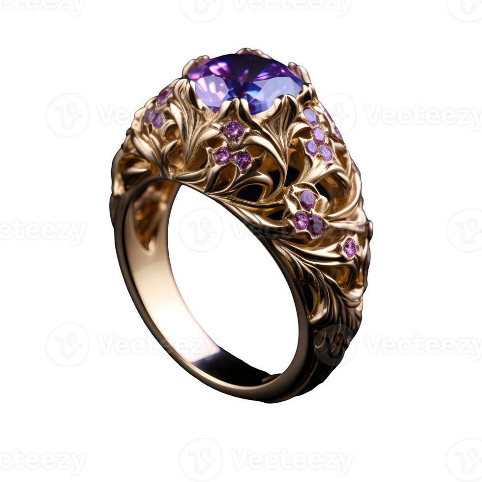 Violet fantasy ring, beautifully decorated, showcased on a transparent background, exuding elegance and mystical charm. png