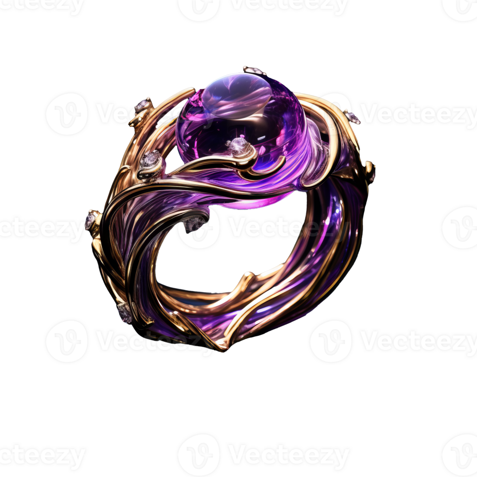 Violet fantasy ring, beautifully decorated, floats on a transparent background, emanating an ethereal charm. png