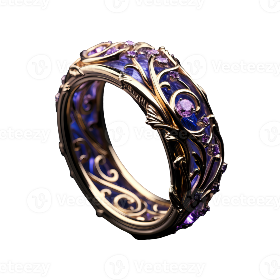 A violet fantasy ring, beautifully decorated, floats elegantly on a transparent background. png