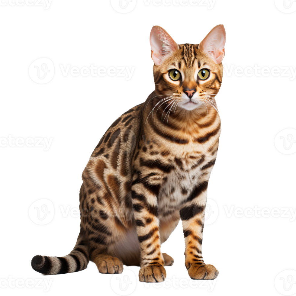 A sleek Bengal cat, with distinctive spotted fur, stands poised, its full silhouette clear against a transparent backdrop. png