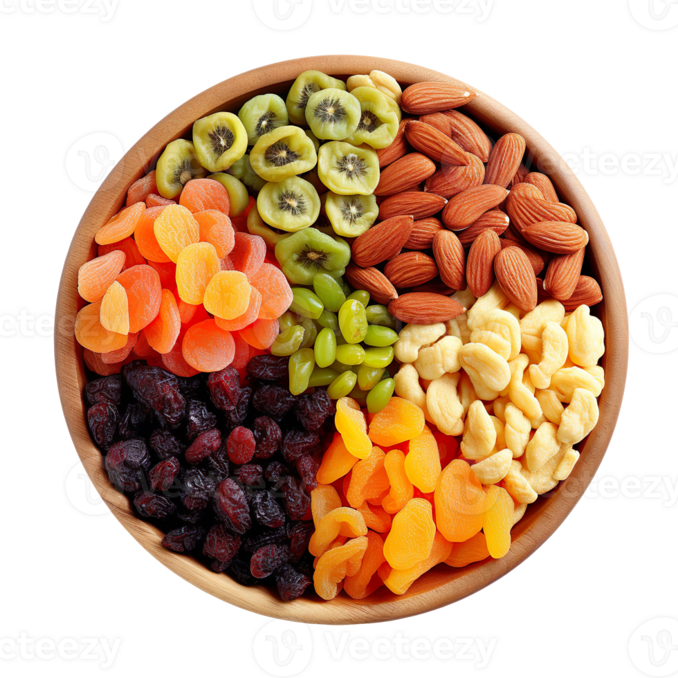 bowl of dried fruits top view isolated on transparent background png