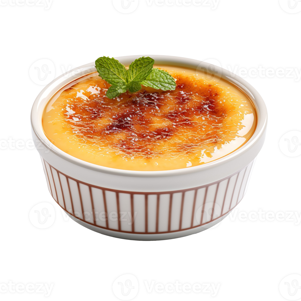 Creme brulee in a ceramic bowl isolated on transparent background png