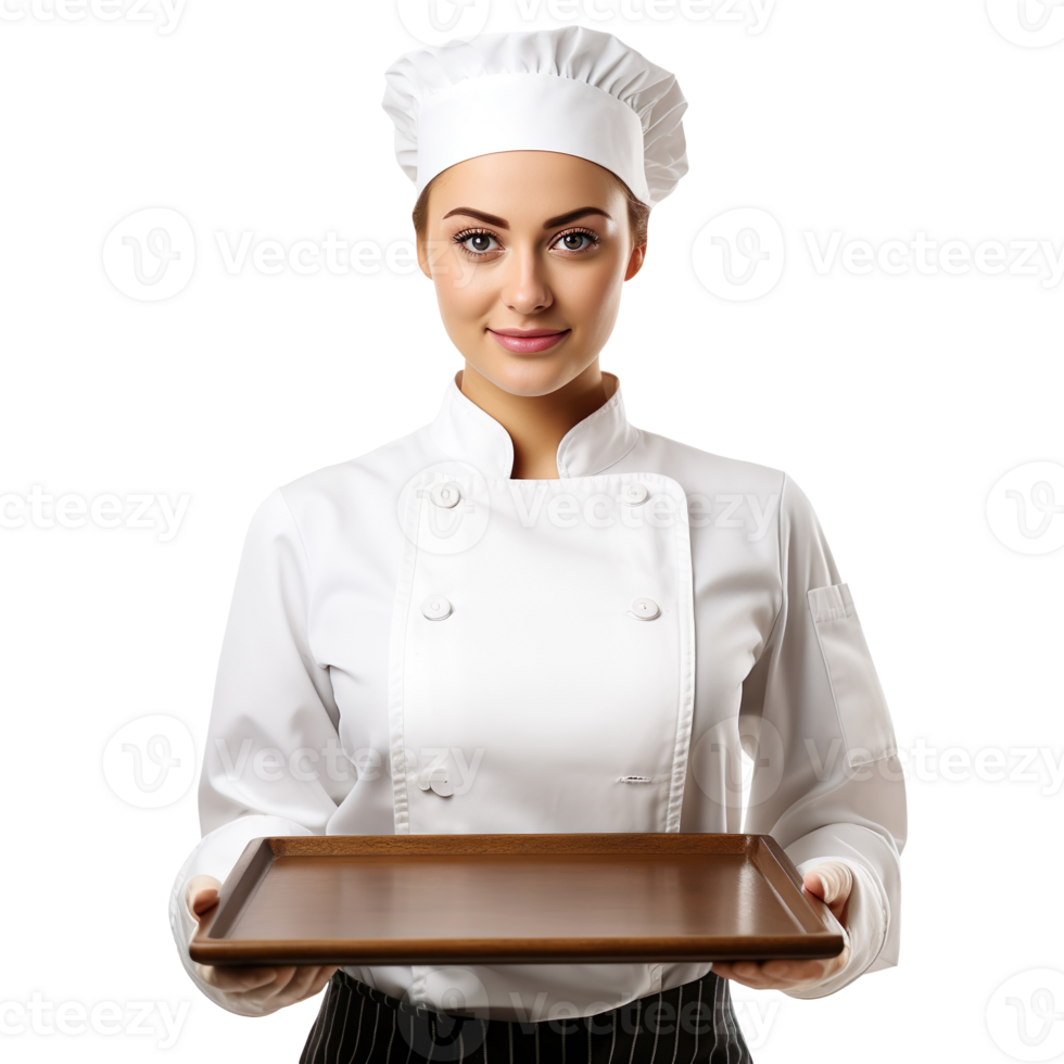 Female Baker in chef uniform Holding an empty Tray isolated on transparent background png