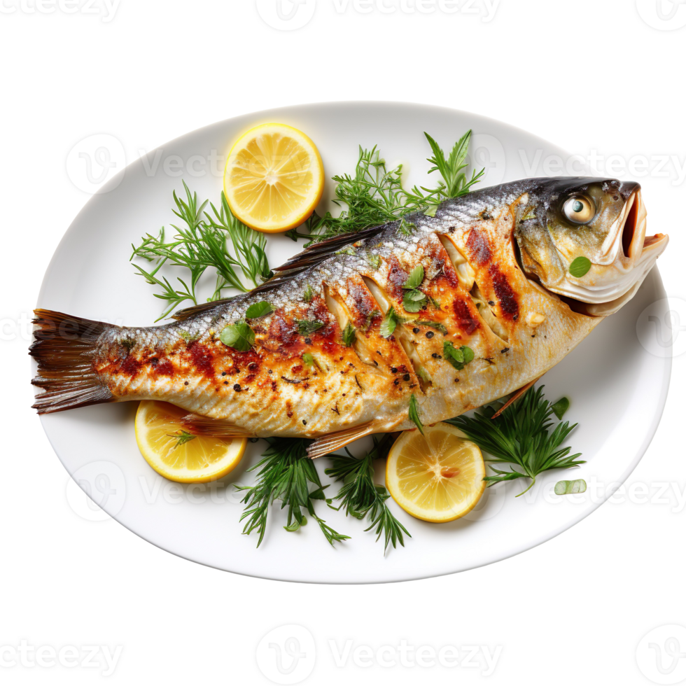 Grilled fish on a plate isolated on transparent background png