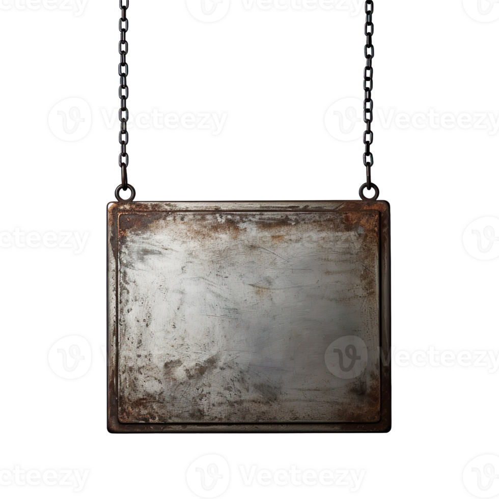 Metal blank sign hanging on a chain isolated on transparent background png