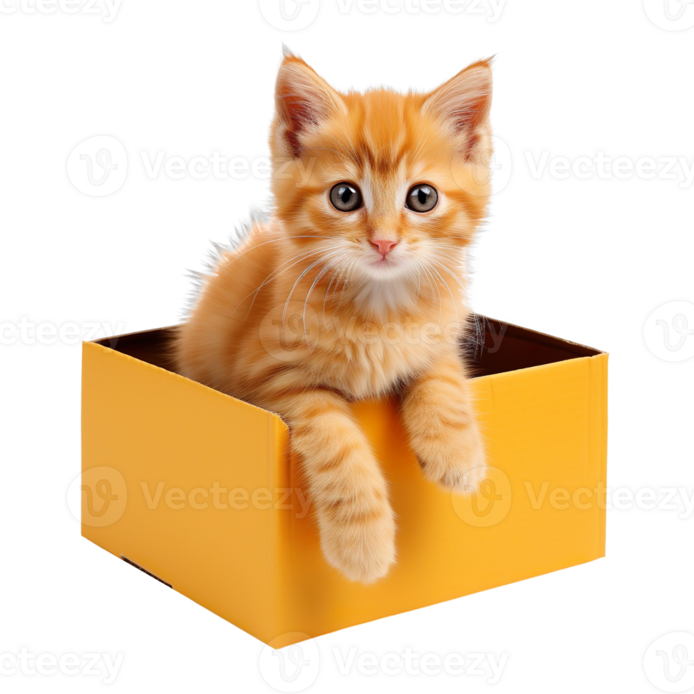 kitten sit in an orange box isolated on transparent background png