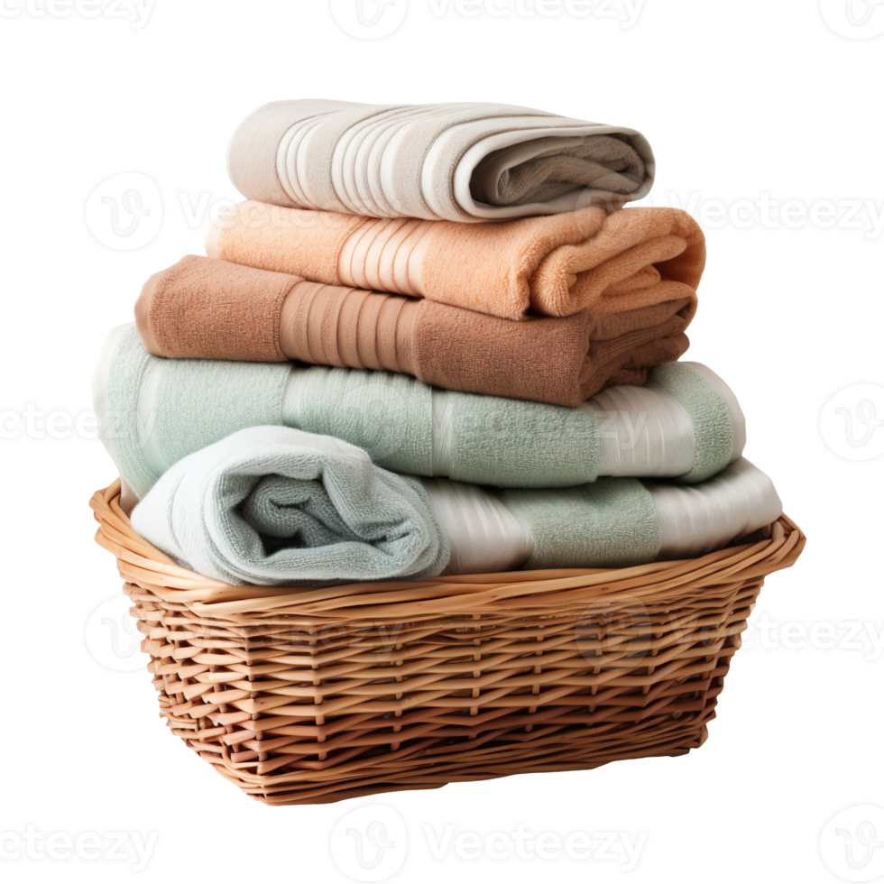 Laundry basket with towels isolated on transparent background png