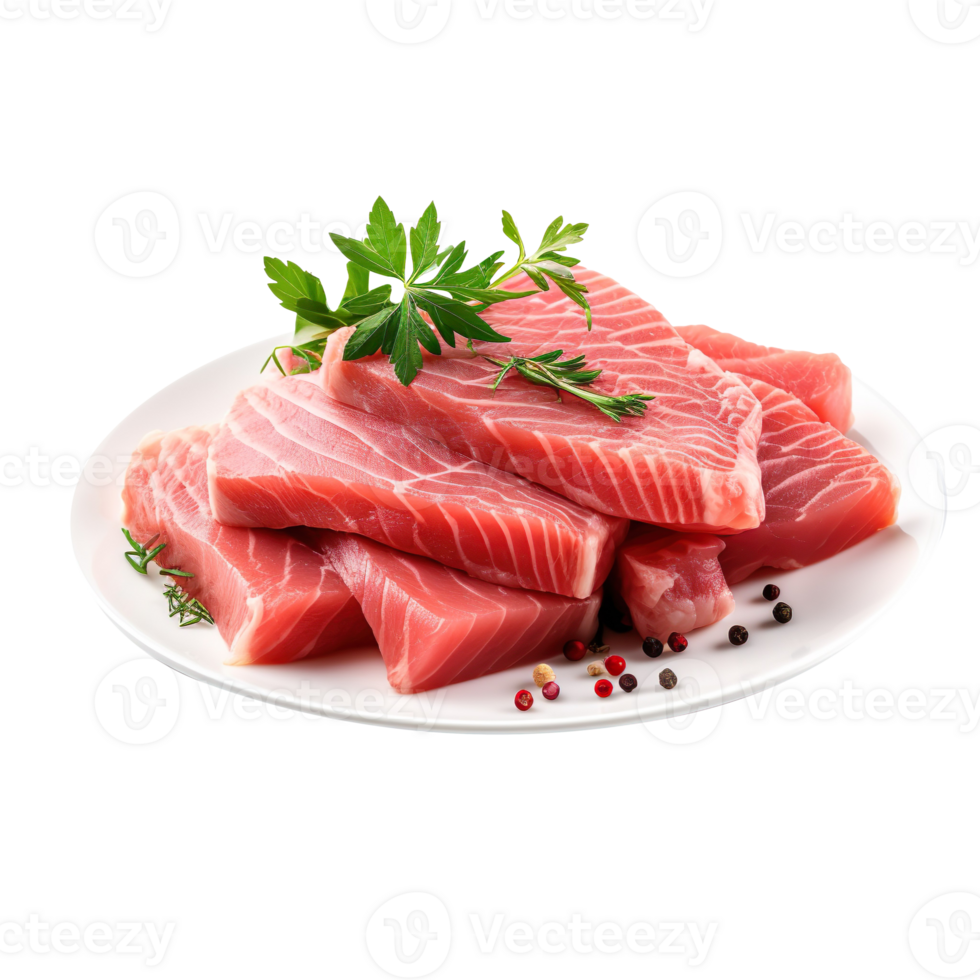 plate of raw tuna meat fillet isolated on transparent background png