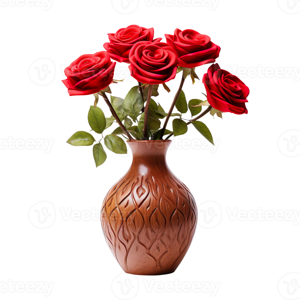 Red rose on a wooden vase isolated on transparent background png