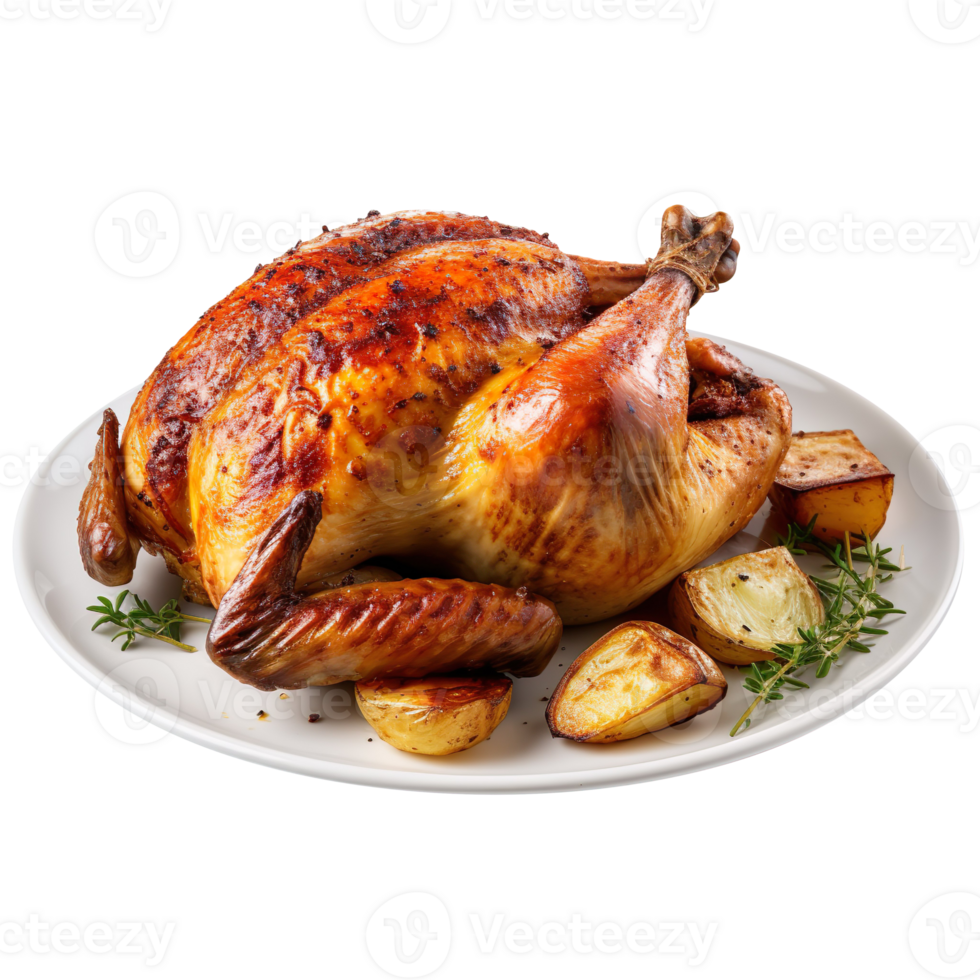 Roasted chicken on a plate isolated on transparent background png