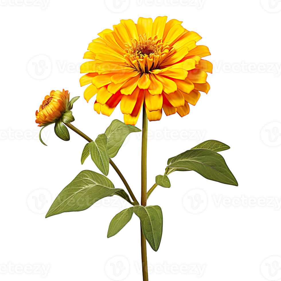 Yellow zinnia flower with a stem isolated on transparent background png