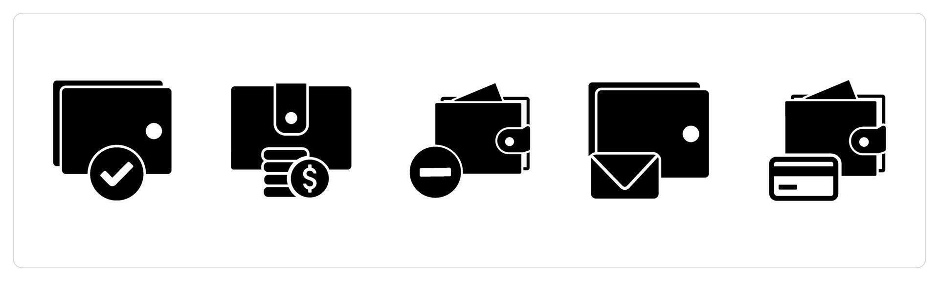 A set of 5 Business icon as favorite wallet, wallet settings, wallet notification vector