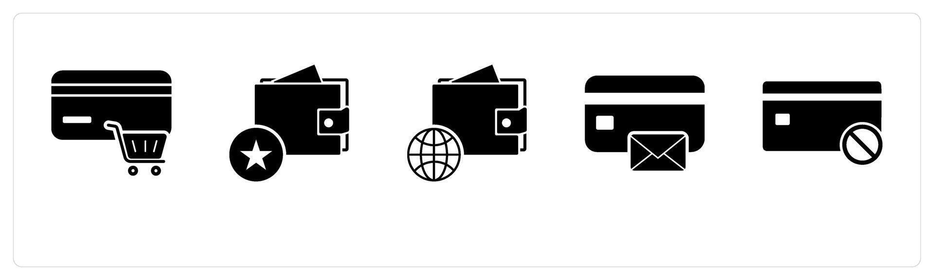 A set of 5 Business icons as shopping discount, favorite wallet, global money vector