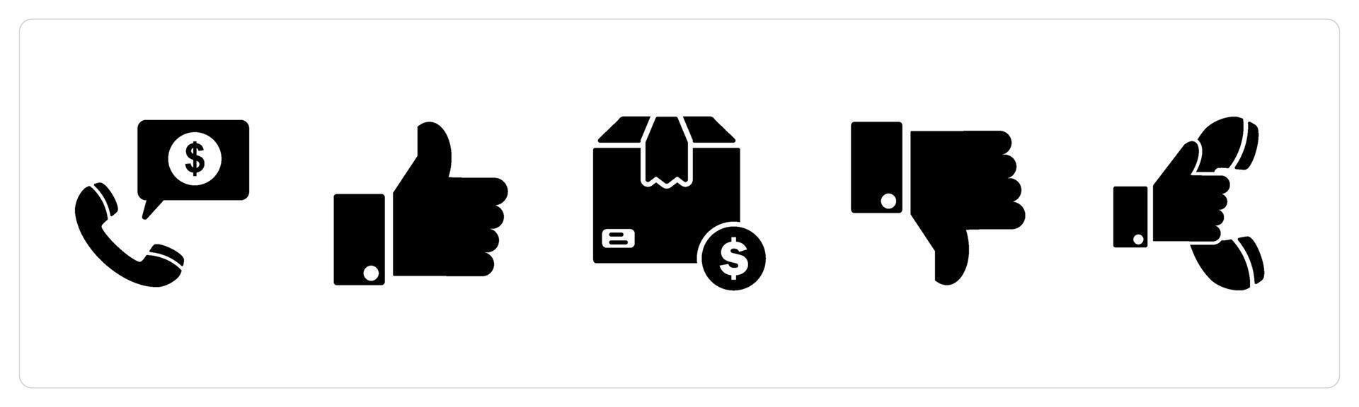 A set of 5 Business icon as loan on phone, thumbs up, shipping cost vector