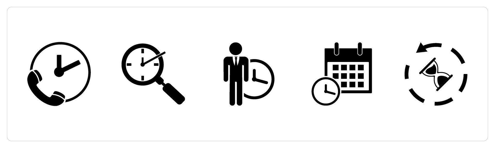 A set of 5 business icons as call on time, search time, punctuality vector