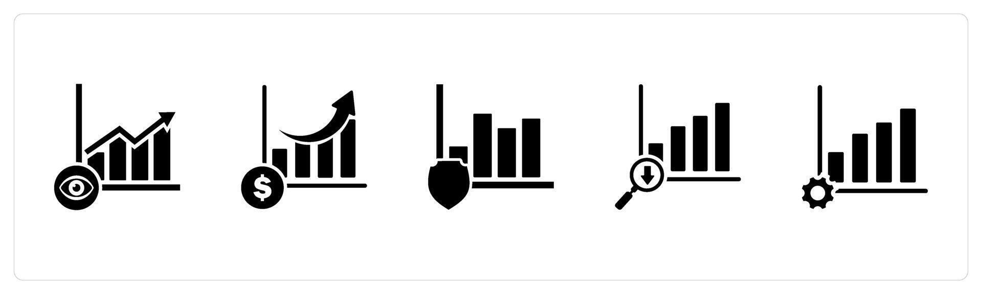 A set of 5 business icons as view analysis, revenue growth, graph security, vector