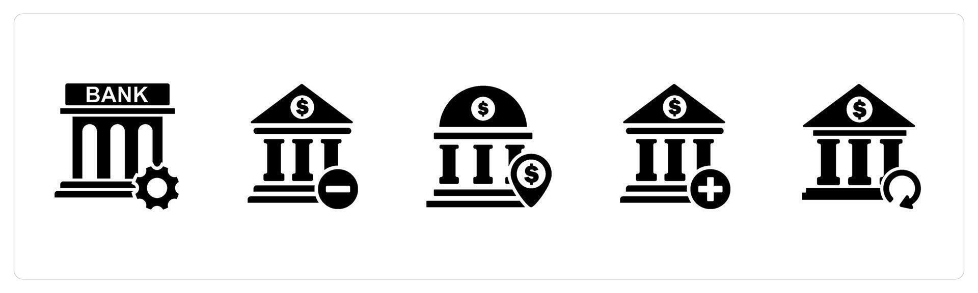 A set of 5 business icons as bank renovate, remove bank, bank location vector