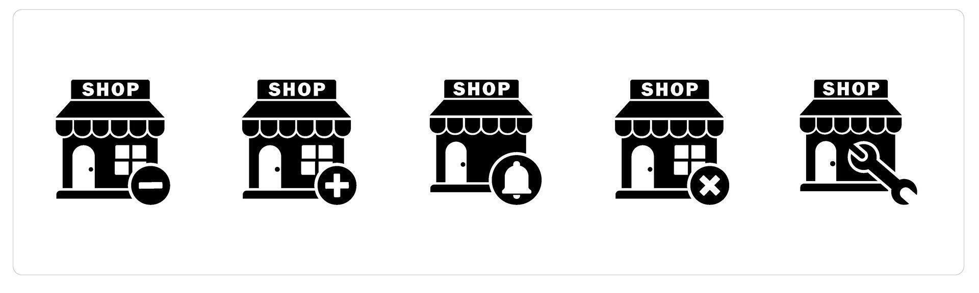 A set of 5 business icons as remove store, add store, store notification vector
