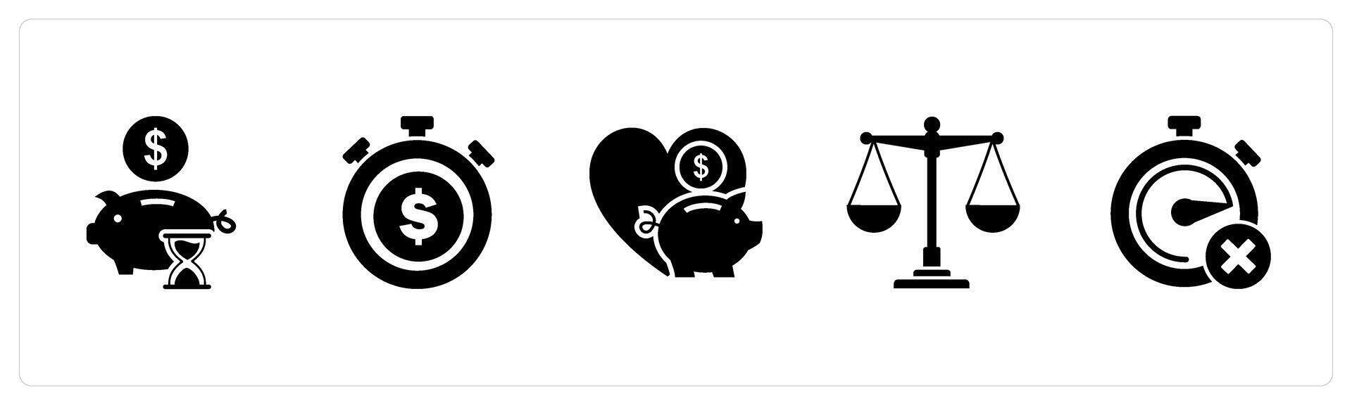 A set of 5 business icons as time is money, favorite bank, justice vector
