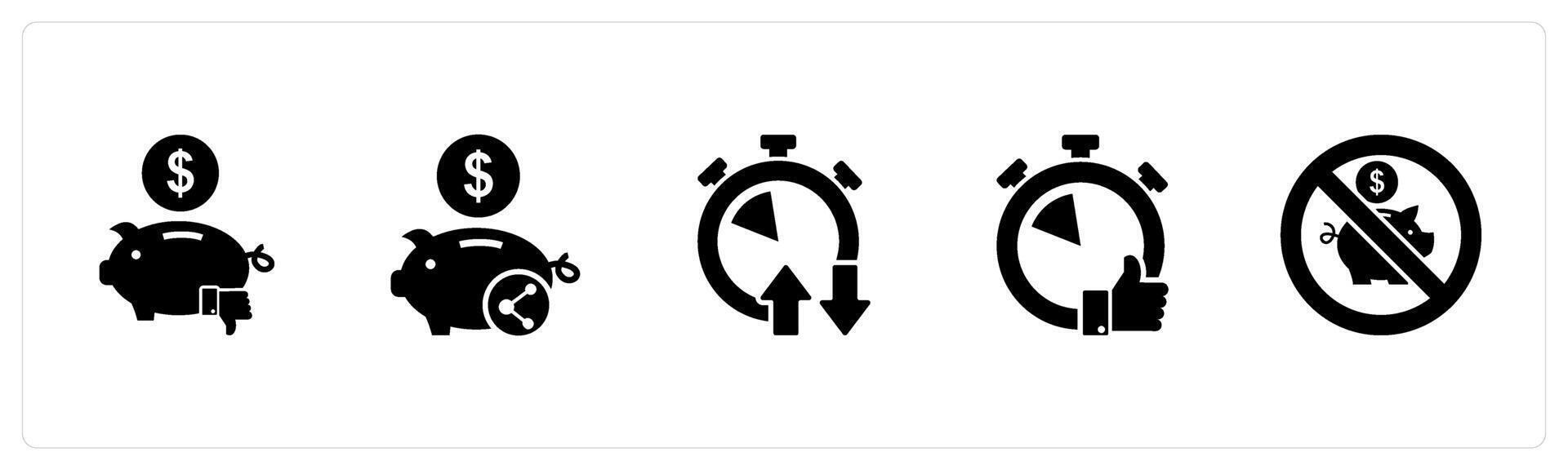 A set of 5 business icons as dislike bank, share savings, synchronize time vector