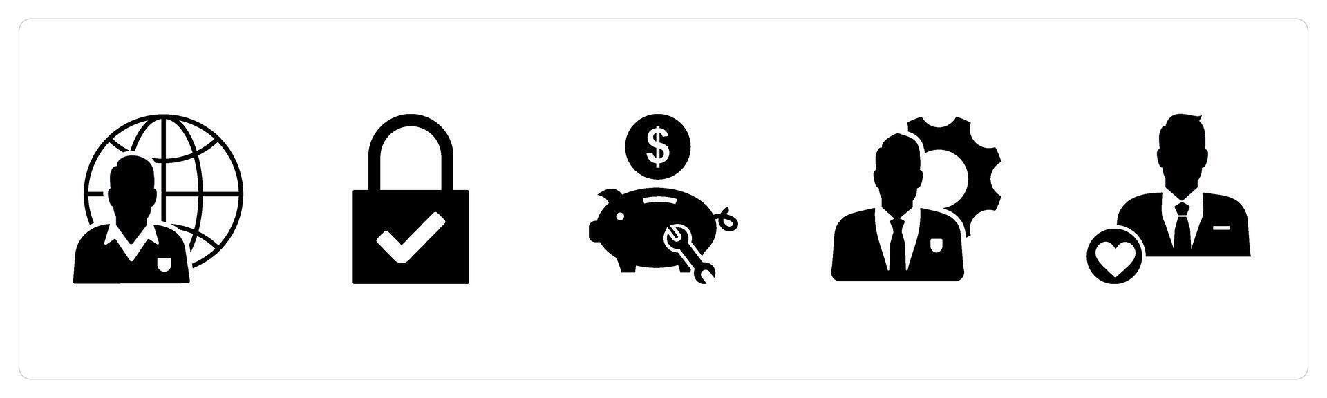 A set of 5 business icons as global business, lock, bank repair vector