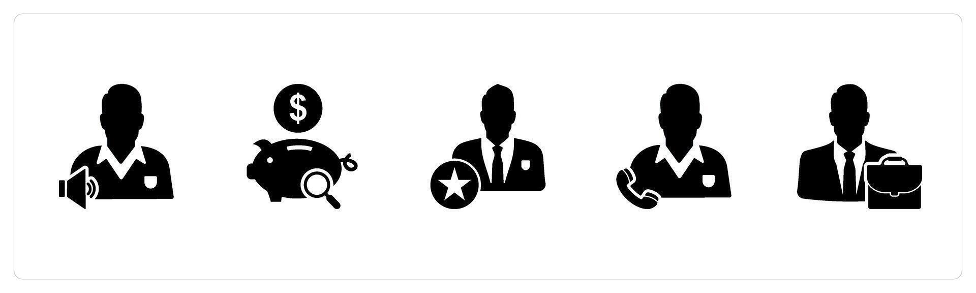 A set of 5 business icons as listening music, search savings, star employee vector