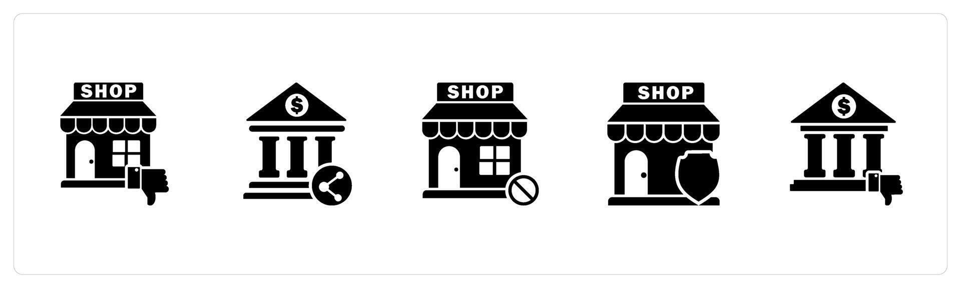 A set of 5 business icons as dislike store, bank share, prohibited shopping vector