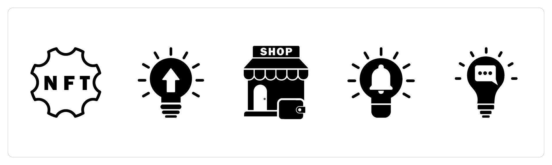 A set of 5 business icons as nft, innovation, shopping store, idea notification vector