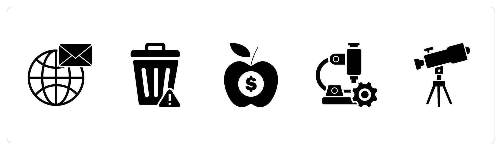 A set of 5 business icons as global message, trash bin, finance vector