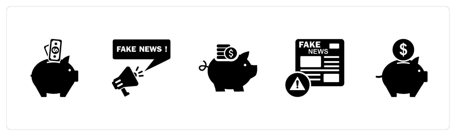 A set of 5 business icons as piggy bank, fake news, savings vector